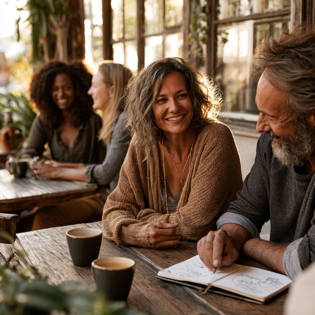 A warm conversation between business owners at a coffee shop table